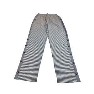 NWOT Women's Blue White Stripe Pants Loose Fit Side Button Accents Elastic Waist